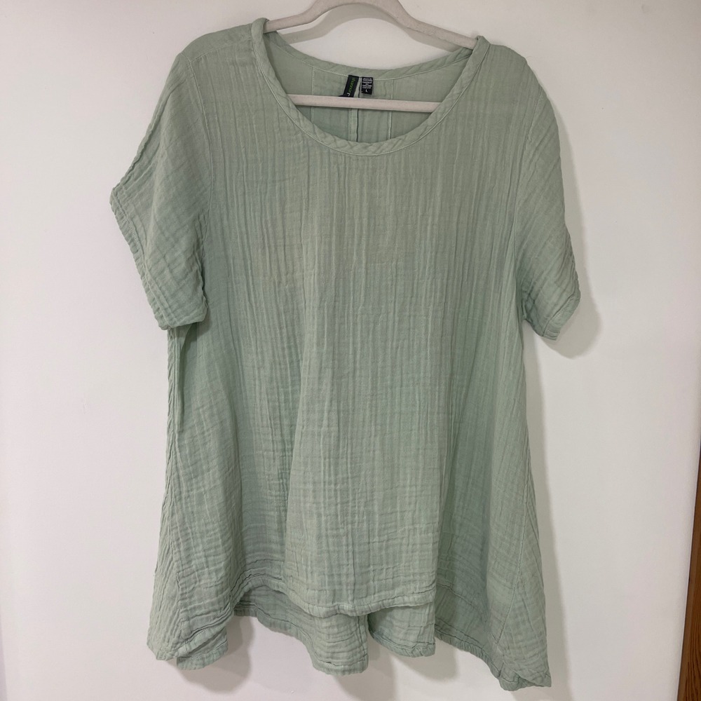 Shannon Passero Gauze Top Women Large Sage Green High Low Hem | Lagenlook Boho